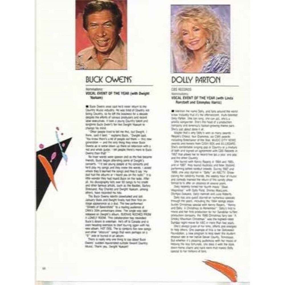 1988 DOLLY PARTON & BUCK OWENS CMA Awards PROMO TRADE AD 8.5x11.  m191